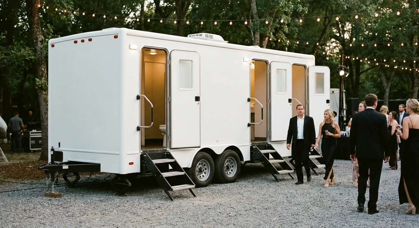 Exterior of a Luxury Restroom Trailer at an evening event, warm lighting spilling from the door, positioned discreetly near a manicured lawn. in Denver, CO