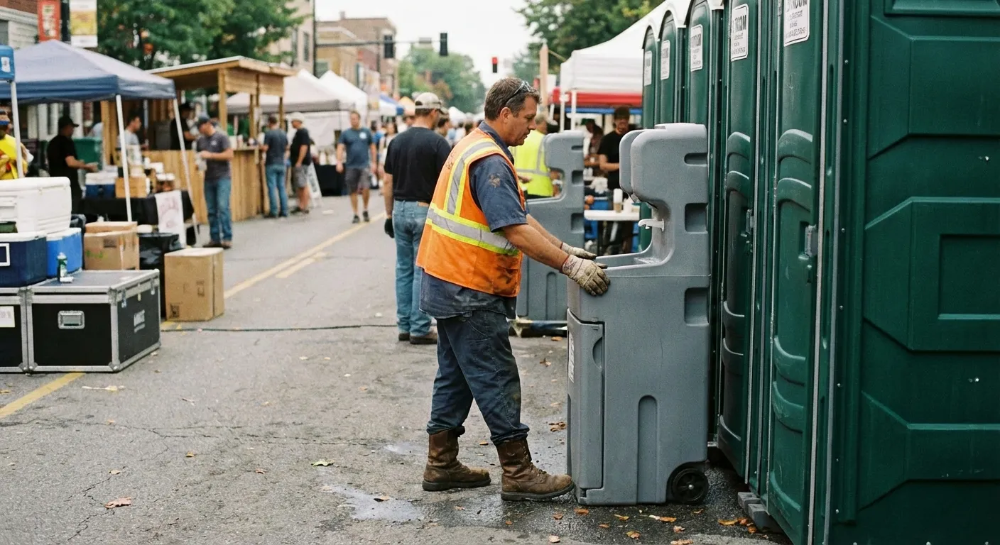 A row of pristine Special Event Portable Restrooms and hand wash stations lined up along a festival barrier with blurred crowds in the background. in Denver, CO