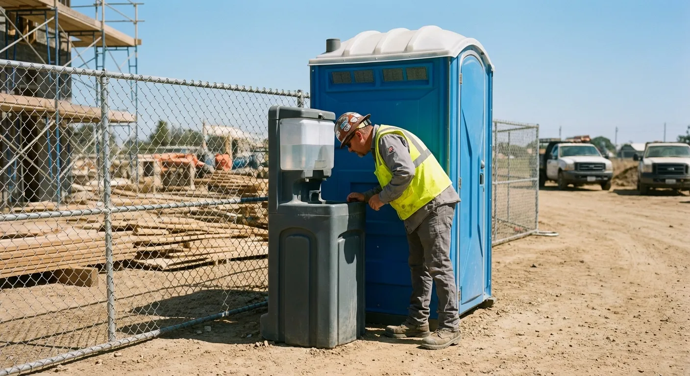 A close-up view of a portable hand wash station next to a portable toilet on a dirt construction site, focusing on the foot pump mechanism. in Denver, CO