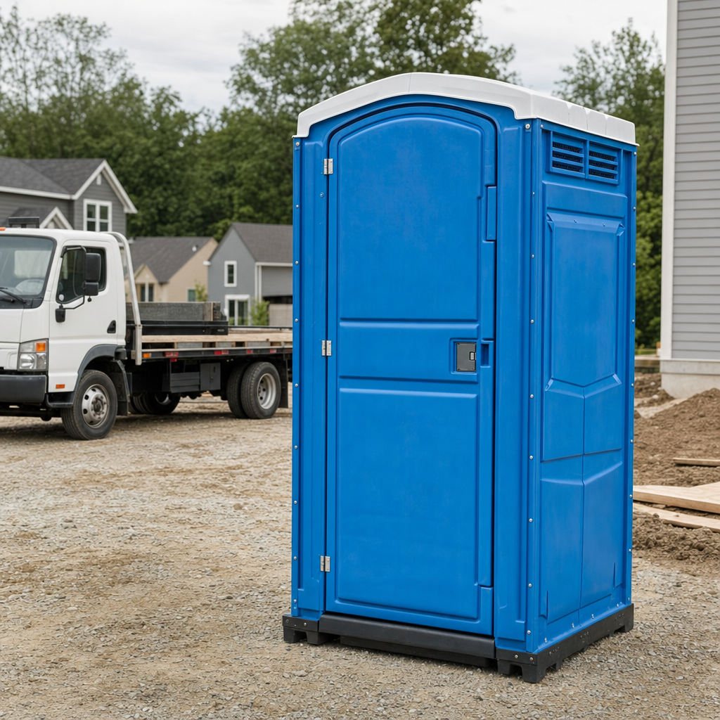 Delivery driver positioning a clean royal-blue portable toilet on level ground at a Denver worksite