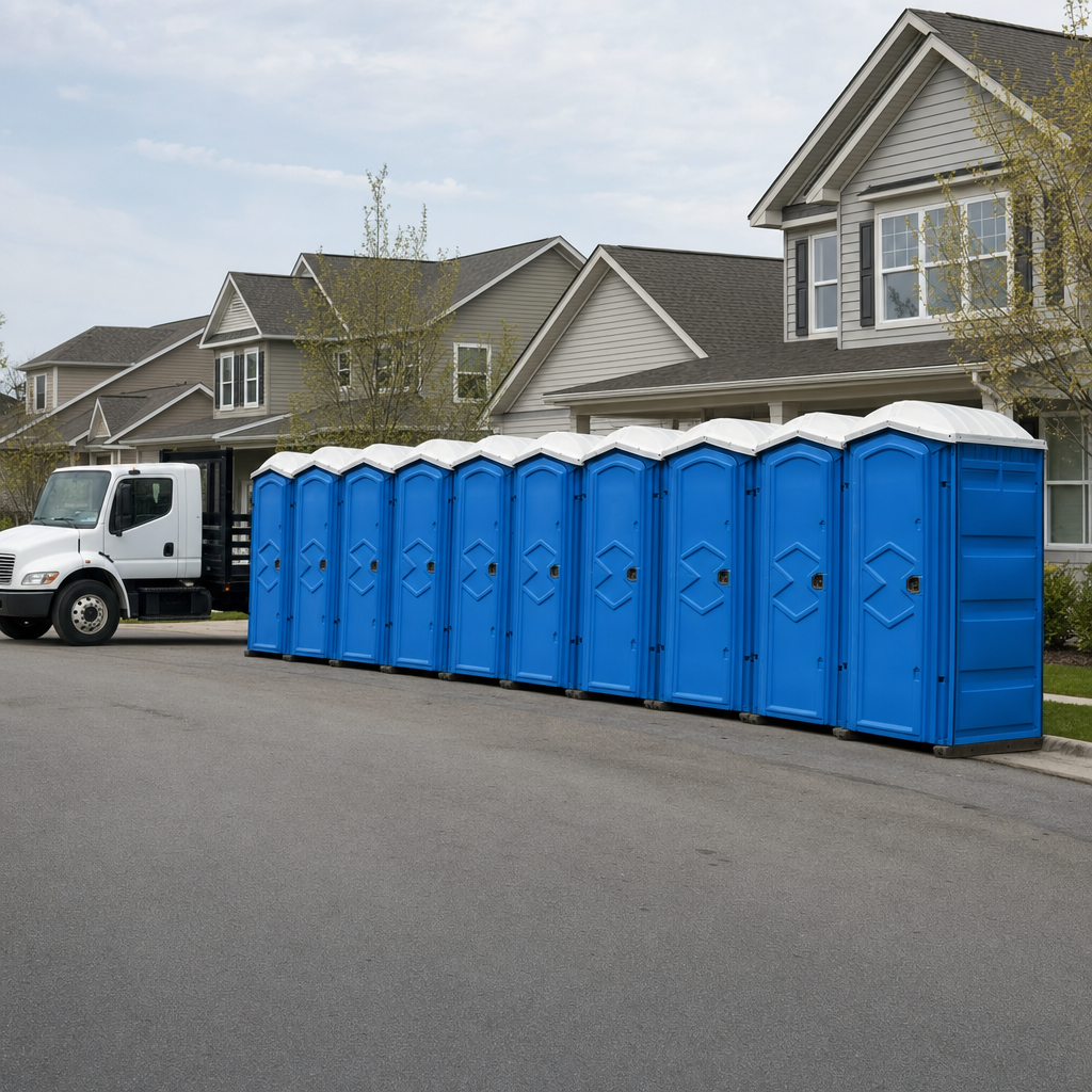 Royal blue portable toilets staged in a tidy row at a Denver jobsite, ready for delivery